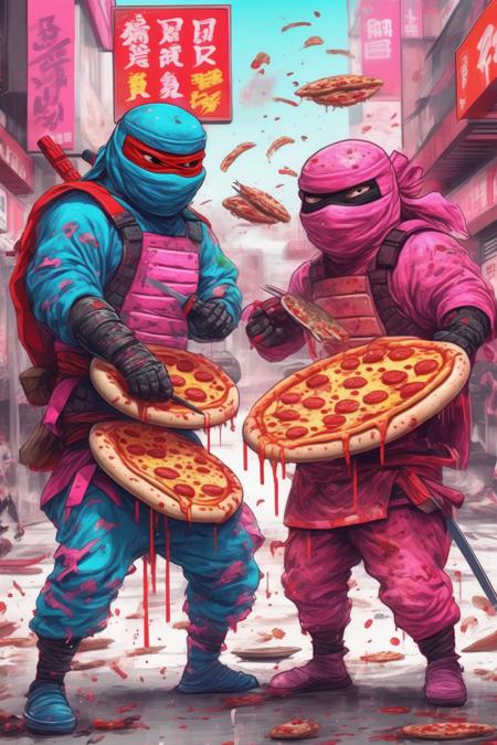 00383-2505492428-_lora_Liam Wong Style_1_Liam Wong Style - An apocalyptic showdown between pizza-slinging ninjas and burger-flipping samurais, 8K.png